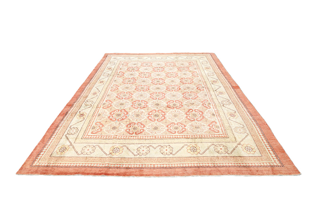 8x10 silk Khotan rug in terracotta blue sage gold and brown from the Ariana Samarkand Collection by Ariana Rugs