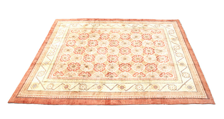 8x10 silk Khotan rug in terracotta blue sage gold and brown from the Ariana Samarkand Collection by Ariana Rugs