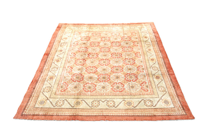 8x10 silk Khotan rug in terracotta blue sage gold and brown from the Ariana Samarkand Collection by Ariana Rugs