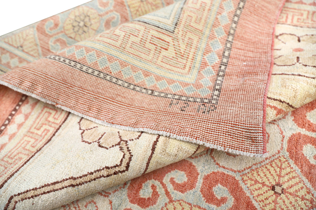8x10 silk Khotan rug in terracotta blue sage gold and brown from the Ariana Samarkand Collection by Ariana Rugs