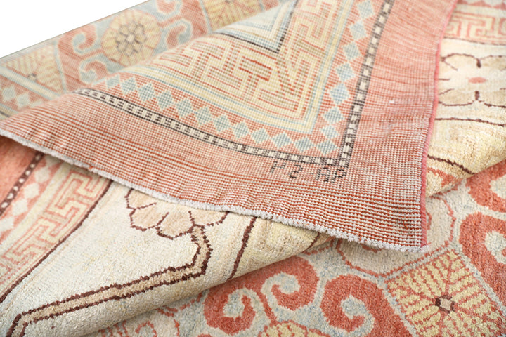 8x10 silk Khotan rug in terracotta blue sage gold and brown from the Ariana Samarkand Collection by Ariana Rugs