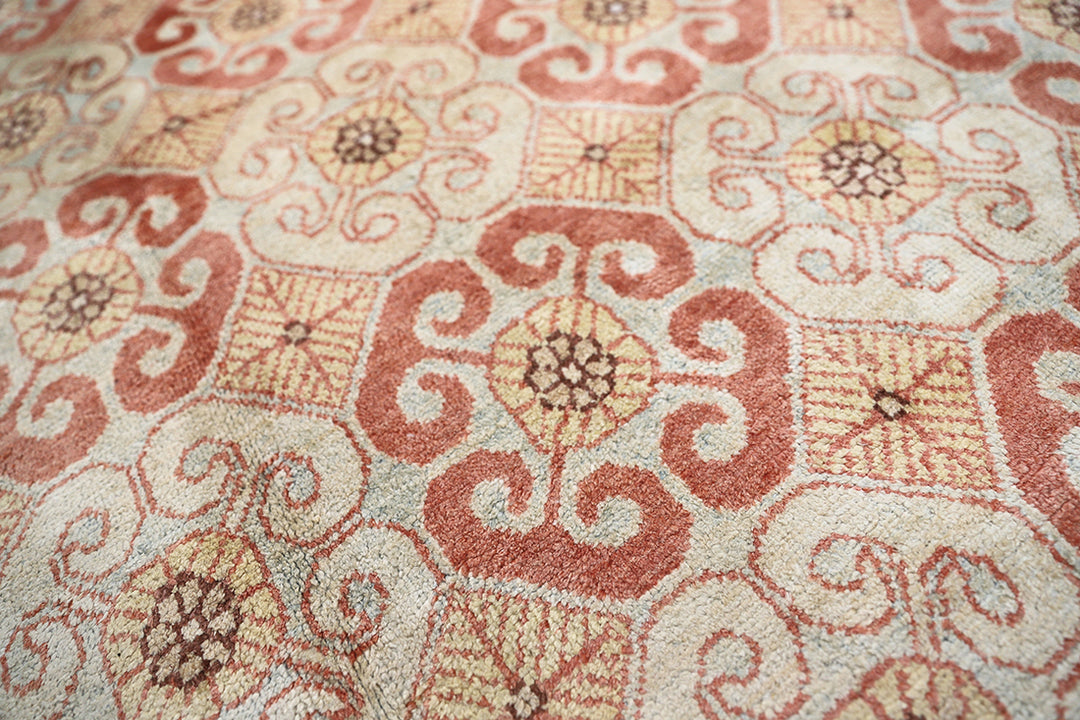 8x10 silk Khotan rug in terracotta blue sage gold and brown from the Ariana Samarkand Collection by Ariana Rugs