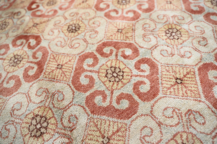 8x10 silk Khotan rug in terracotta blue sage gold and brown from the Ariana Samarkand Collection by Ariana Rugs