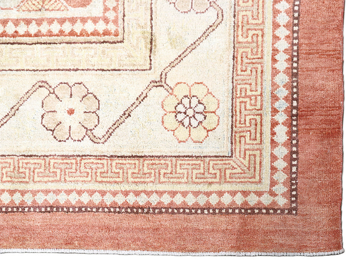 8x10 silk Khotan rug in terracotta blue sage gold and brown from the Ariana Samarkand Collection by Ariana Rugs