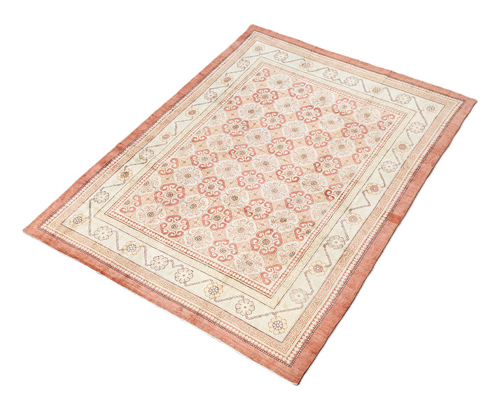 8x10 silk Khotan rug in terracotta blue sage gold and brown from the Ariana Samarkand Collection by Ariana Rugs