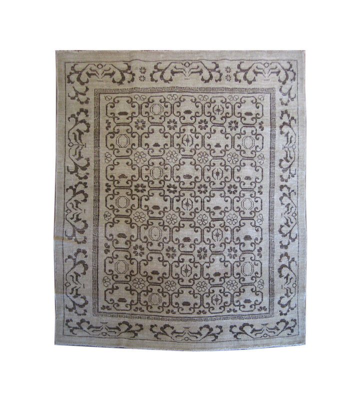 Ariana Samarkand design square brown and cream wool area rug featuring a geometric Khotan pattern