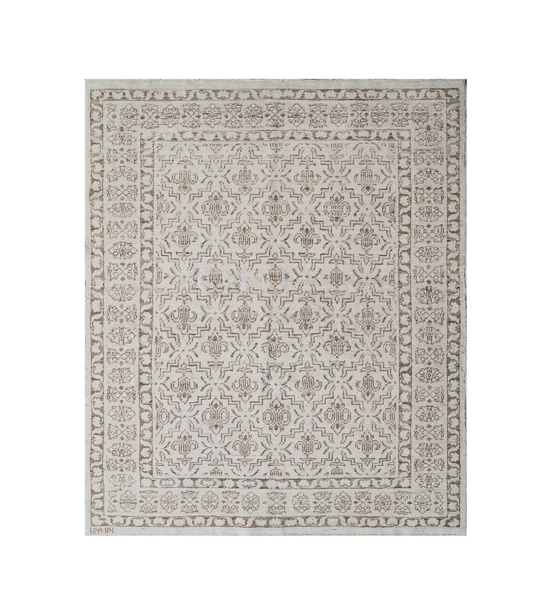 Ariana Samarkand collection 5'x4' hand-knotted wool area rug in beige and brown featuring a geometric design