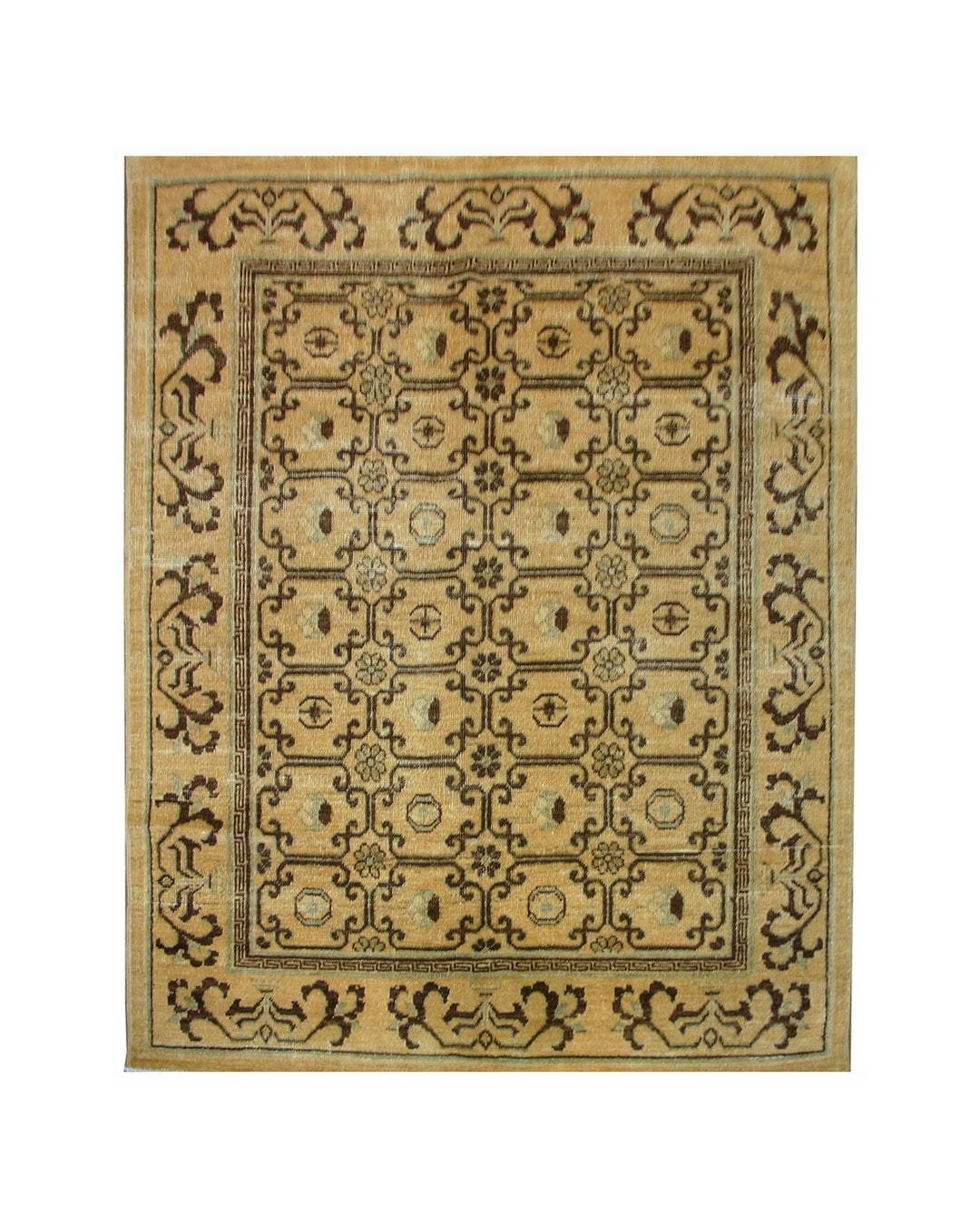 Ariana Samarkand collection small area rug in gold and brown wool featuring a geometric Khotan design
