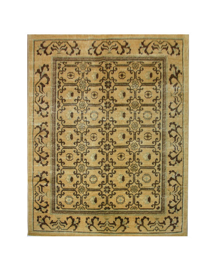 Ariana Samarkand collection small area rug in gold and brown wool featuring a geometric Khotan design