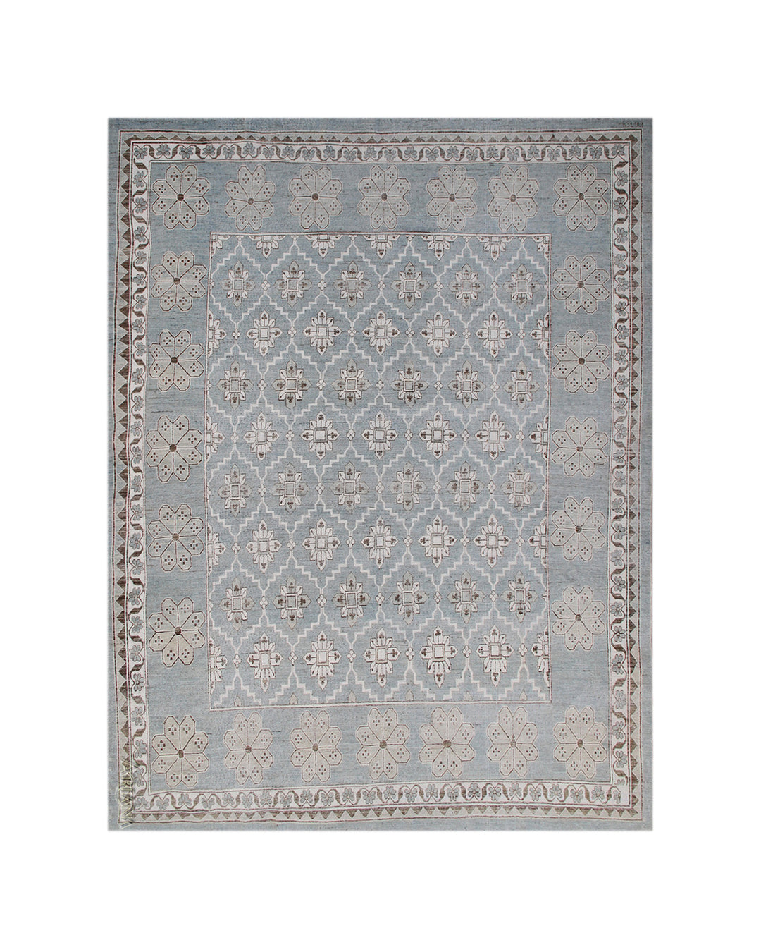 Authentic Ariana Samarkand Collection 9x12 wool area rug featuring a geometric Silk Road design in deep blue and stark white with woven cotton highlights, hand-knotted in Afghanistan.