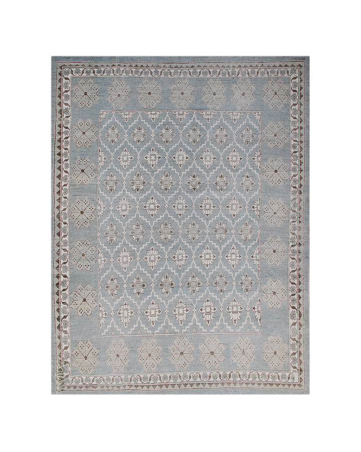 Authentic Ariana Samarkand Collection 9x12 wool area rug featuring a geometric Silk Road design in deep blue and stark white with woven cotton highlights, hand-knotted in Afghanistan.