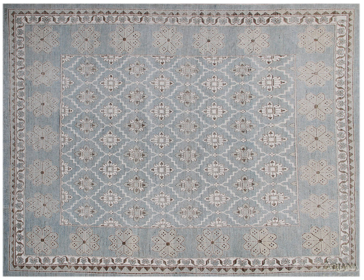 Authentic Ariana Samarkand Collection 9x12 wool area rug featuring a geometric Silk Road design in deep blue and stark white with woven cotton highlights, hand-knotted in Afghanistan.