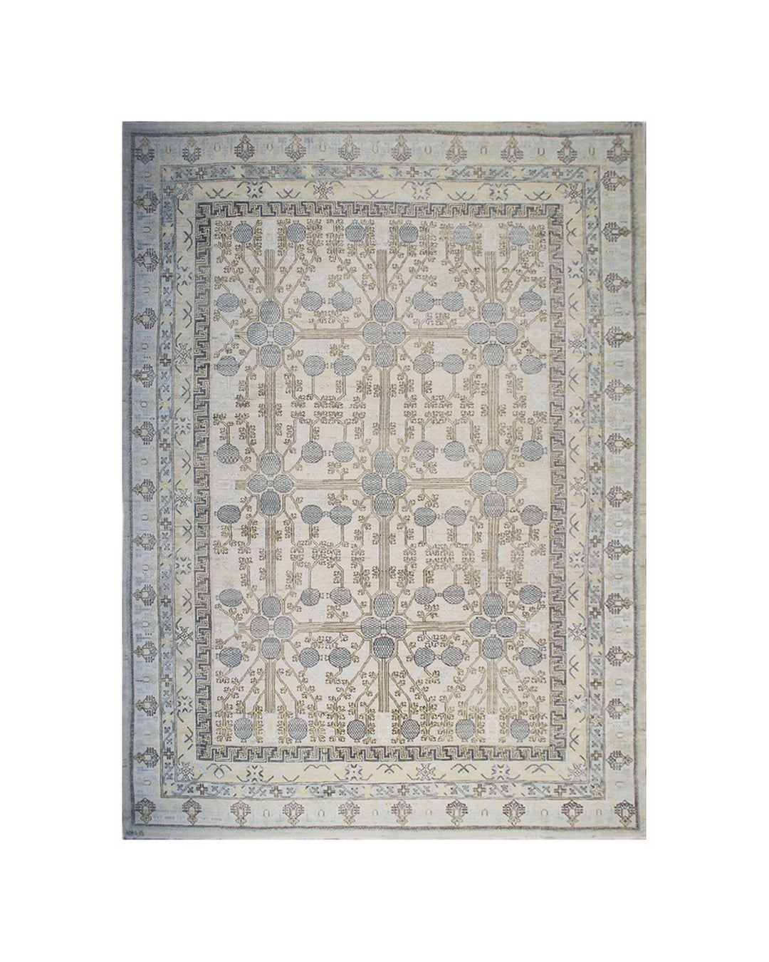 Authentic Ariana Samarkand Collection 10x14 wool area rug featuring a vintage style pomegranate design with geometric borders, ethically hand-knotted in Afghanistan.