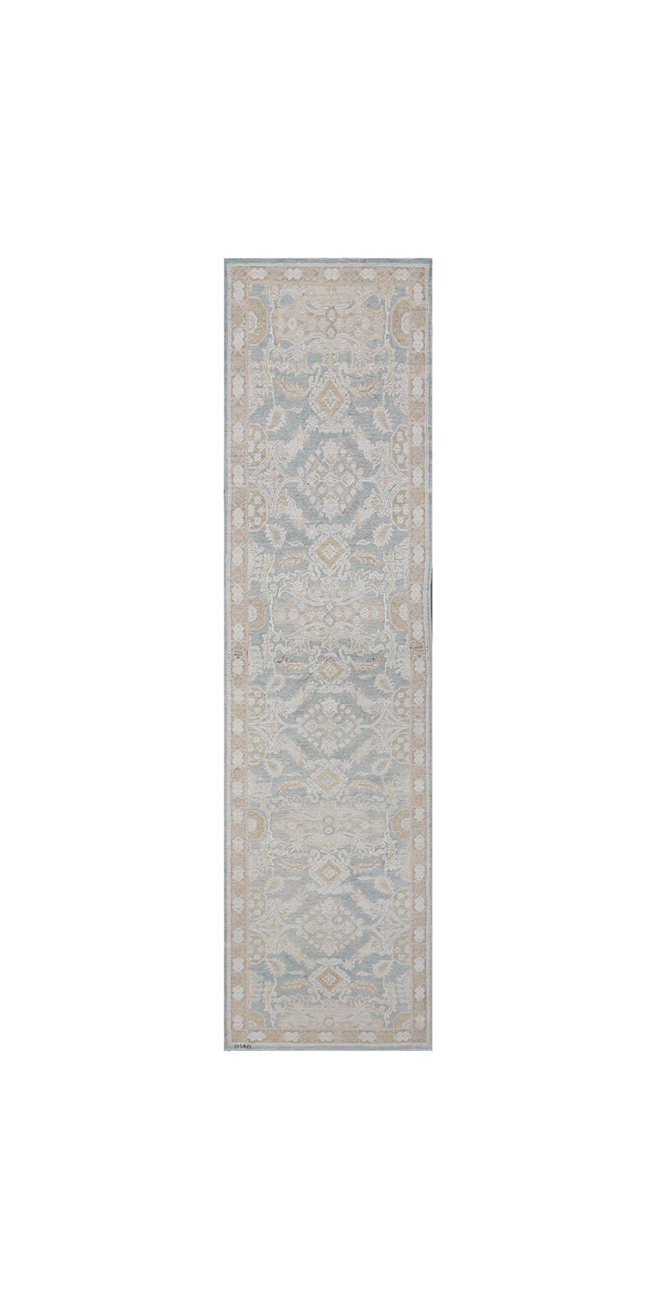 Fine hand-knotted Ariana traditional Agra design wool runner rug with classic floral scrollwork in soft blue, beige, and cream