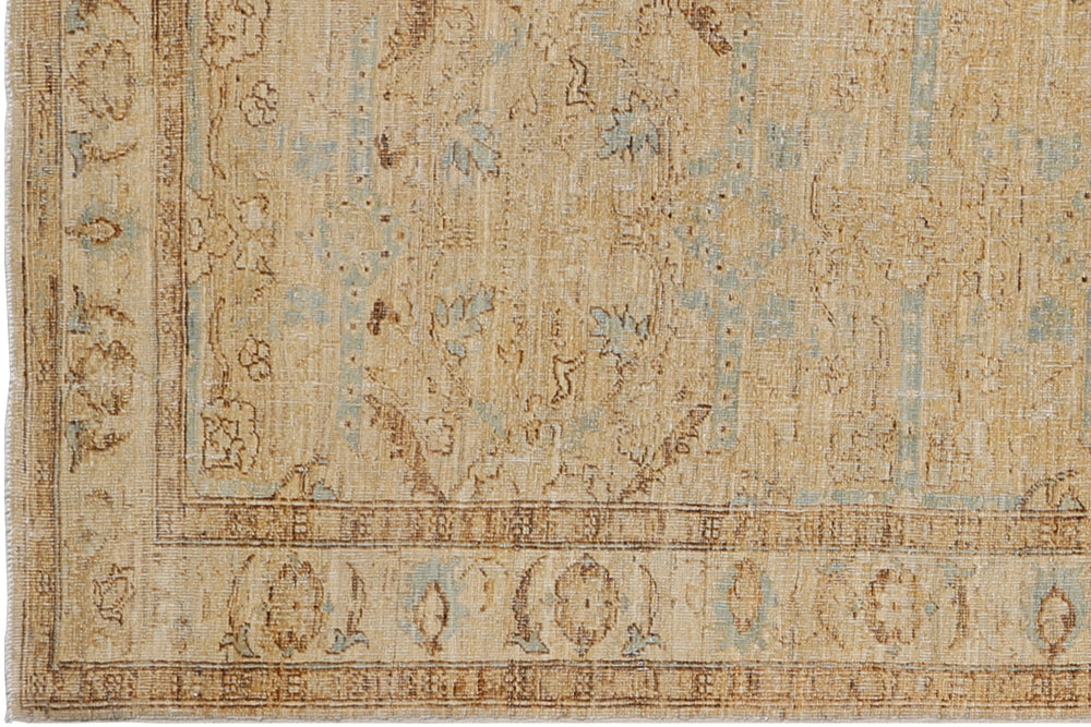 Fine hand-knotted Ariana traditional Agra design wool runner rug with classic floral patterns in tan and soft blue