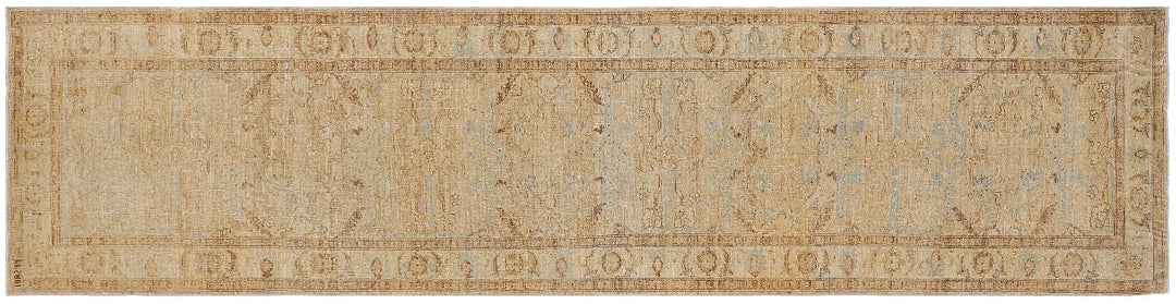 Fine hand-knotted Ariana traditional Agra design wool runner rug with classic floral patterns in tan and soft blue