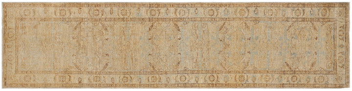 Fine hand-knotted Ariana traditional Agra design wool runner rug with classic floral patterns in tan and soft blue