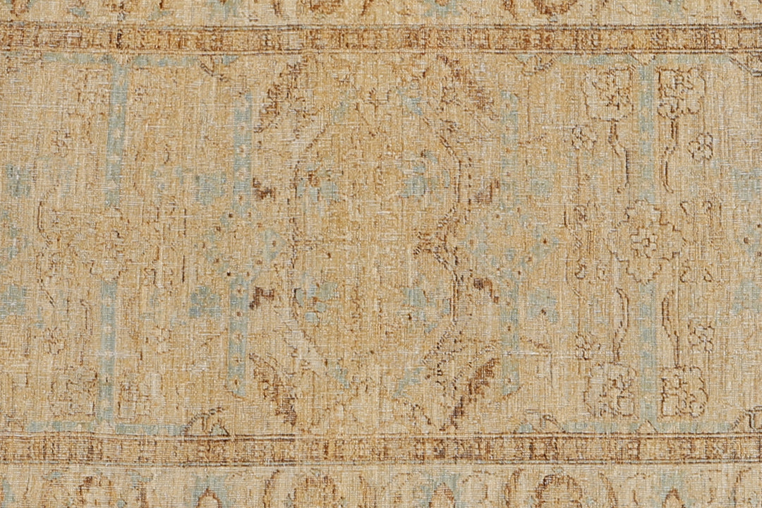 Fine hand-knotted Ariana traditional Agra design wool runner rug with classic floral patterns in tan and soft blue