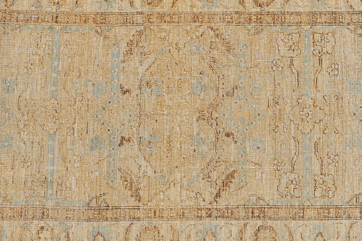Fine hand-knotted Ariana traditional Agra design wool runner rug with classic floral patterns in tan and soft blue