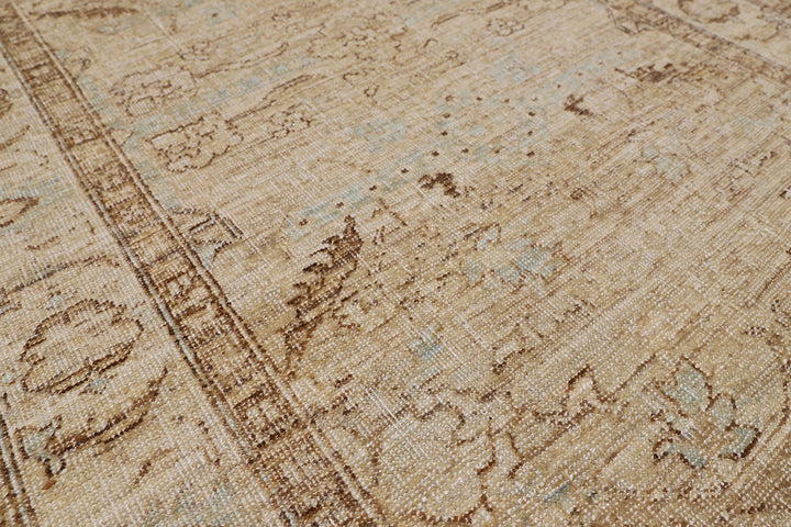 Fine hand-knotted Ariana traditional Agra design wool runner rug with classic floral patterns in tan and soft blue