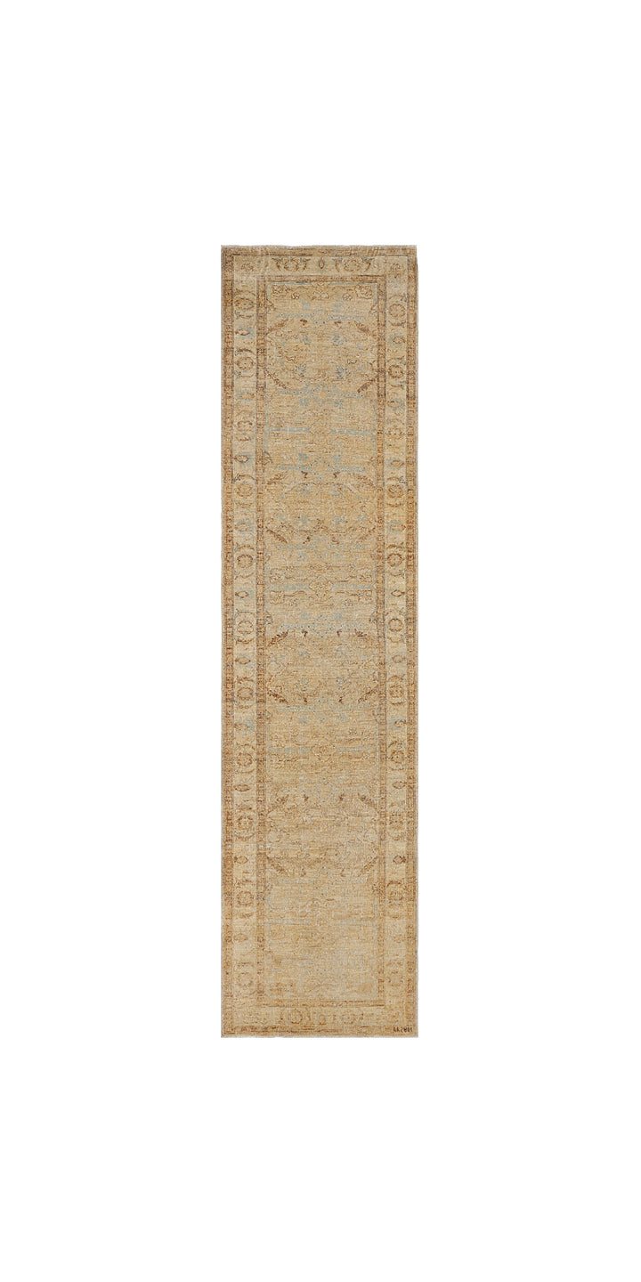 Fine hand-knotted Ariana traditional Agra design wool runner rug with classic floral patterns in tan and soft blue
