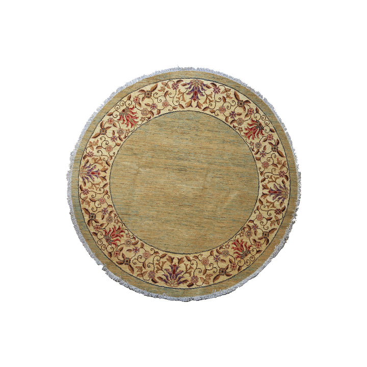 5x5 Bluish-Green Open Field Floral Wool Rug | Ariana Traditional Collection