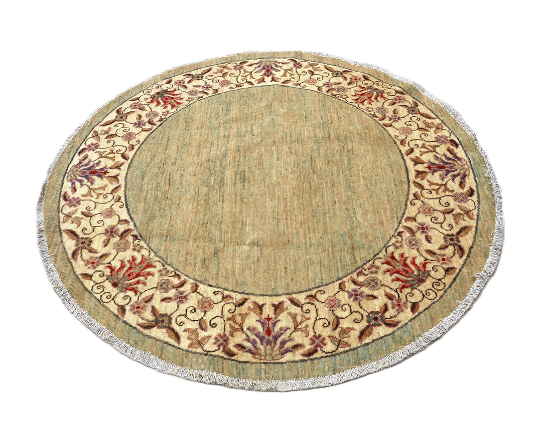 5x5 Bluish-Green Open Field Floral Wool Rug | Ariana Traditional Collection