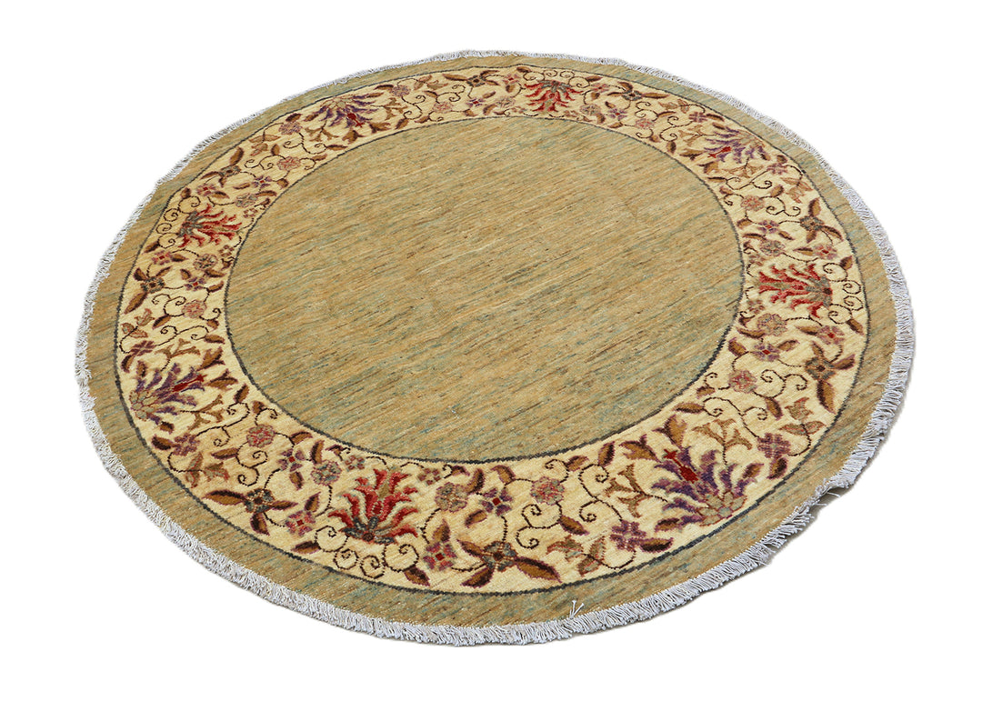 5x5 Bluish-Green Open Field Floral Wool Rug | Ariana Traditional Collection