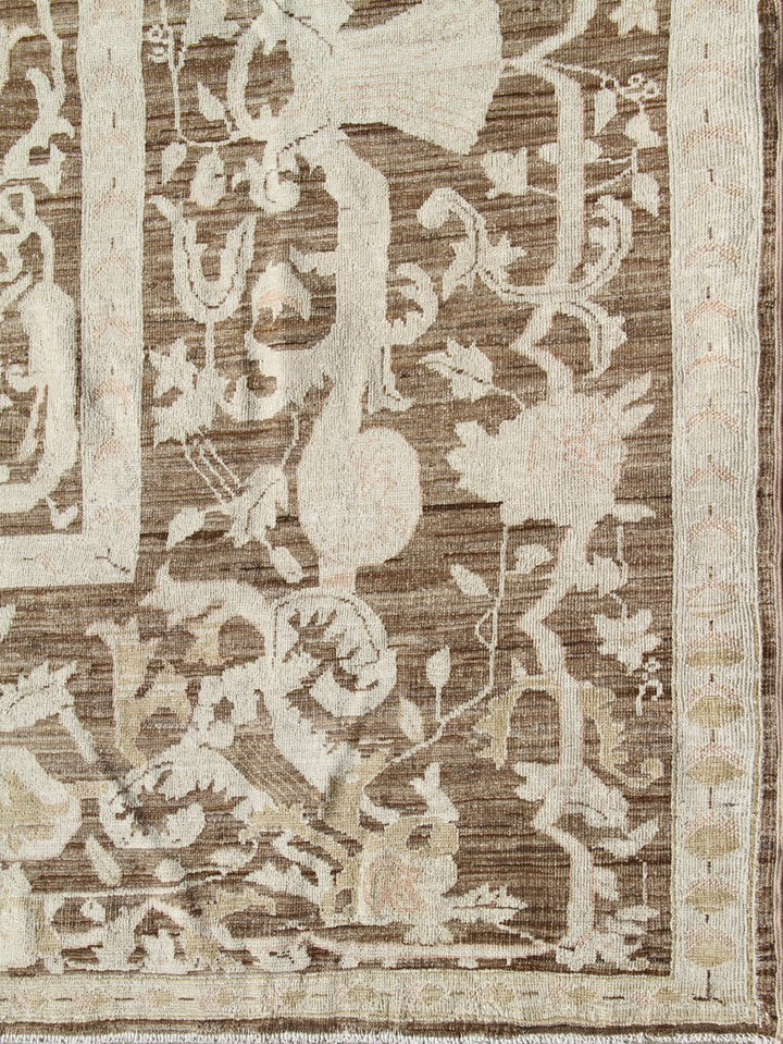 Finely hand-knotted 10x13 Ariana traditional rug in brown earth tones featuring a short pile floral Eastern European motif