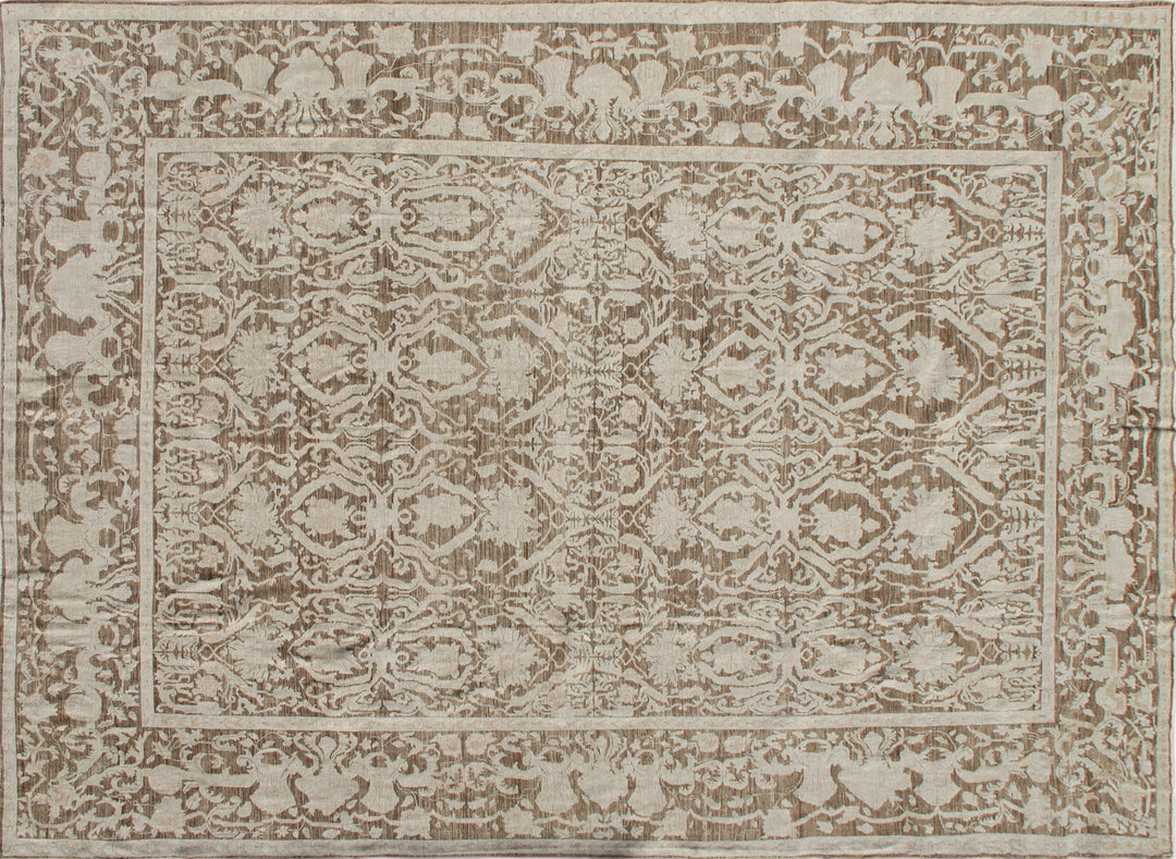 Finely hand-knotted 10x13 Ariana traditional rug in brown earth tones featuring a short pile floral Eastern European motif