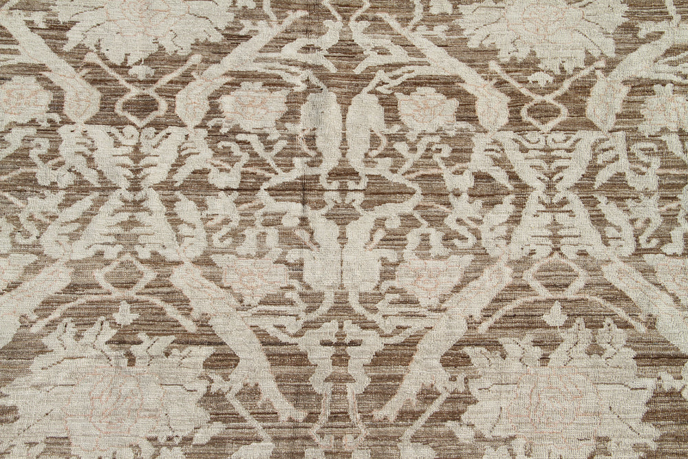 Finely hand-knotted 10x13 Ariana traditional rug in brown earth tones featuring a short pile floral Eastern European motif