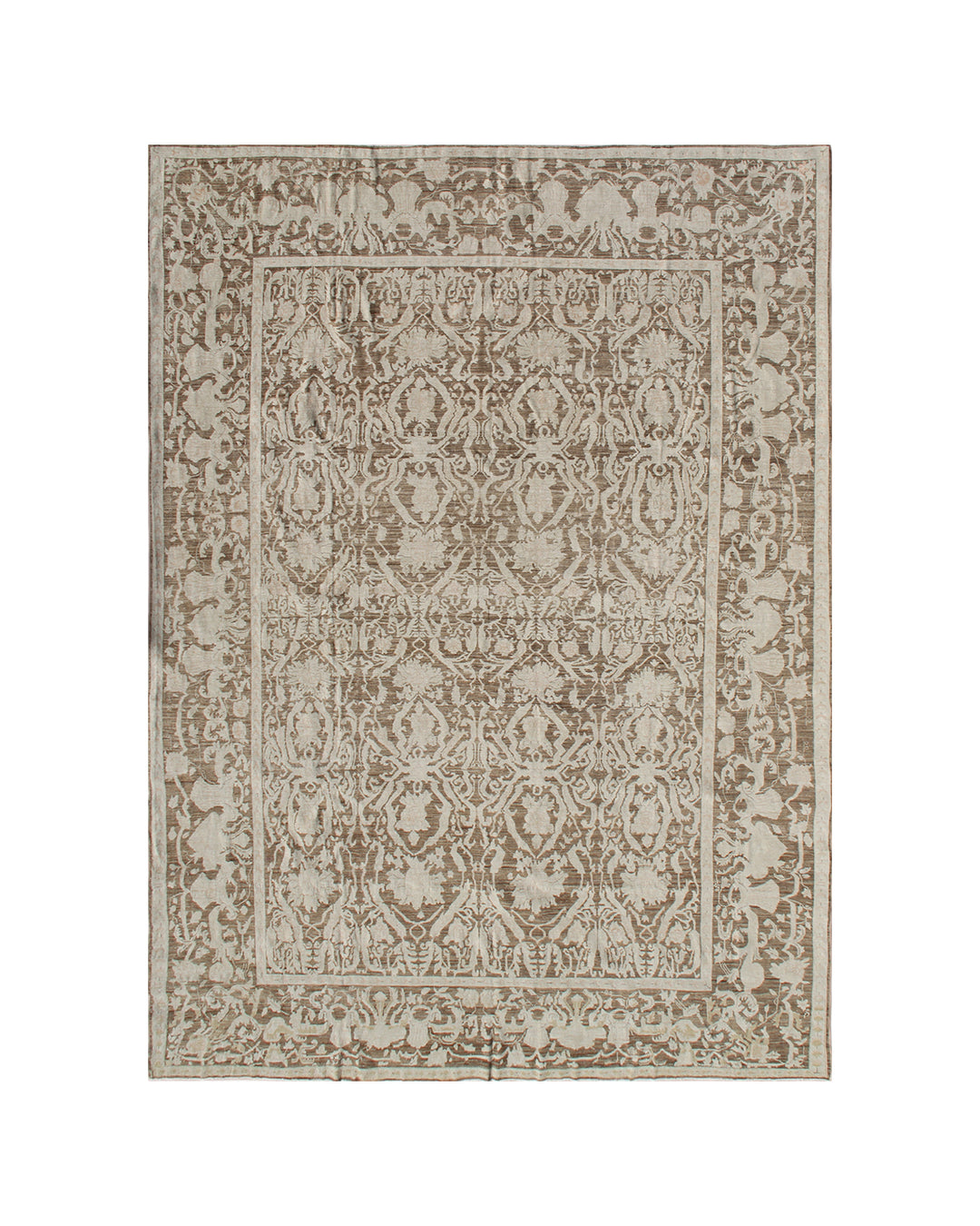 Finely hand-knotted 10x13 Ariana traditional rug in brown earth tones featuring a short pile floral Eastern European motif