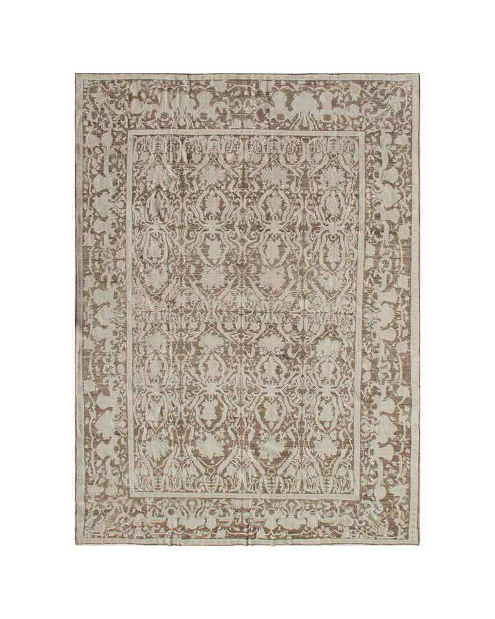 Finely hand-knotted 10x13 Ariana traditional rug in brown earth tones featuring a short pile floral Eastern European motif