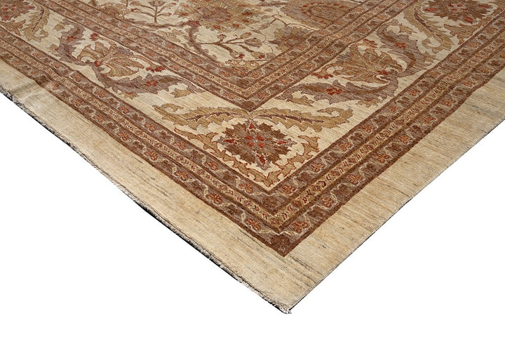 Oversized 14x19 hand-knotted Oushak rug in soft gold and antique tones, featuring floral palmette motifs and crafted from hand-spun Afghan wool by Ariana Rugs.