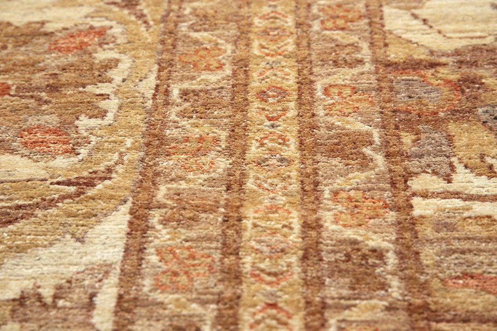 Oversized 14x19 hand-knotted Oushak rug in soft gold and antique tones, featuring floral palmette motifs and crafted from hand-spun Afghan wool by Ariana Rugs.