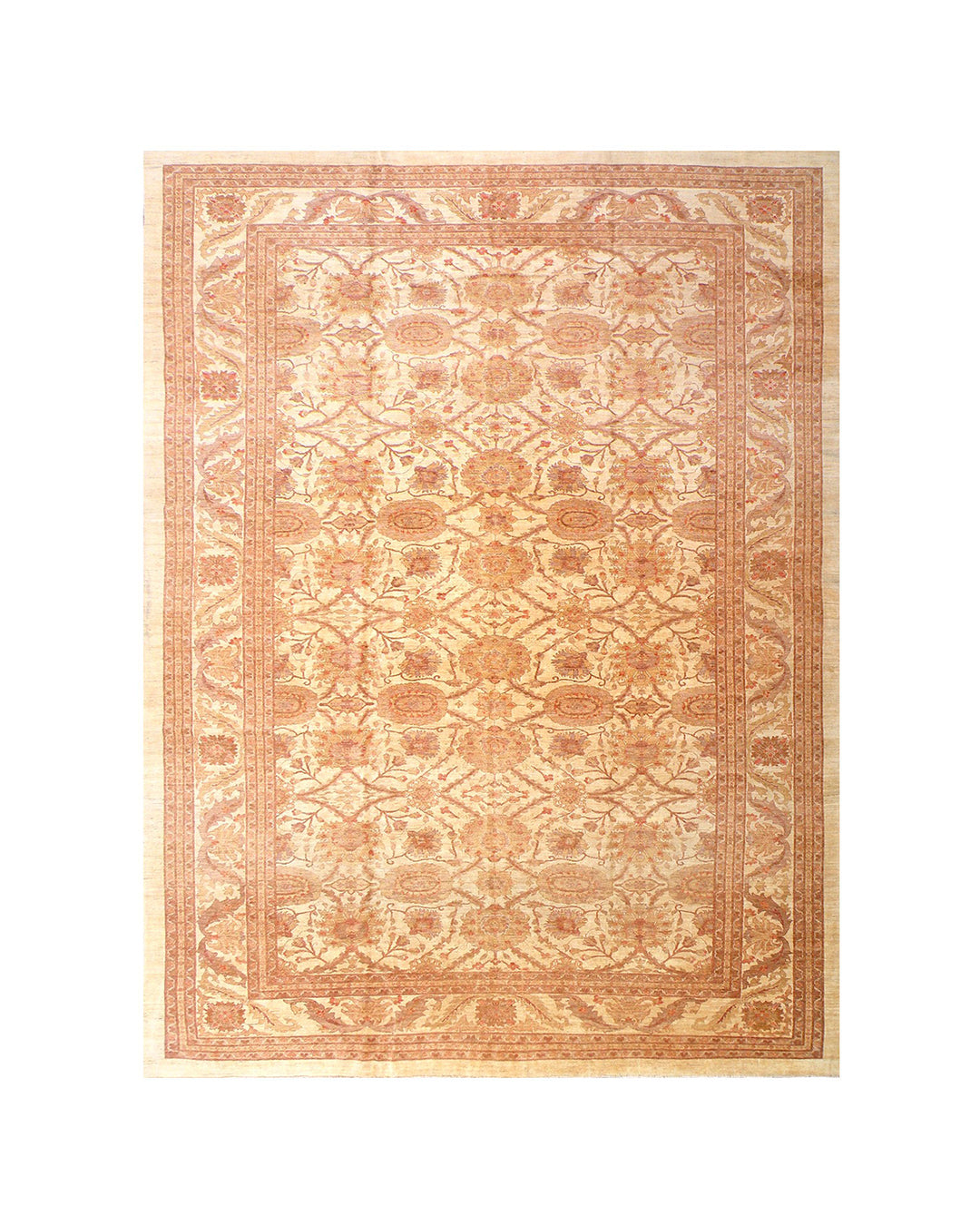 Oversized 14x19 hand-knotted Oushak rug in soft gold and antique tones, featuring floral palmette motifs and crafted from hand-spun Afghan wool by Ariana Rugs.