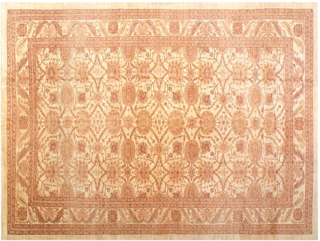Oversized 14x19 hand-knotted Oushak rug in soft gold and antique tones, featuring floral palmette motifs and crafted from hand-spun Afghan wool by Ariana Rugs.