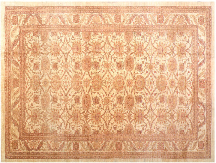 Oversized 14x19 hand-knotted Oushak rug in soft gold and antique tones, featuring floral palmette motifs and crafted from hand-spun Afghan wool by Ariana Rugs.