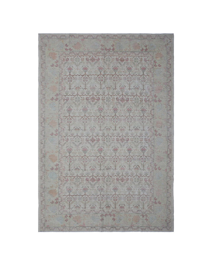 Authentic Ariana Traditional Collection 5x8 wool area rug featuring a traditional overall design pattern in earth tones and soft pink accents, hand-knotted in Afghanistan.