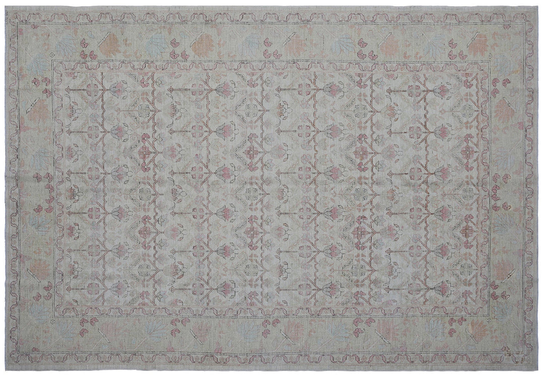 Authentic Ariana Traditional Collection 5x8 wool area rug featuring a traditional overall design pattern in earth tones and soft pink accents, hand-knotted in Afghanistan.