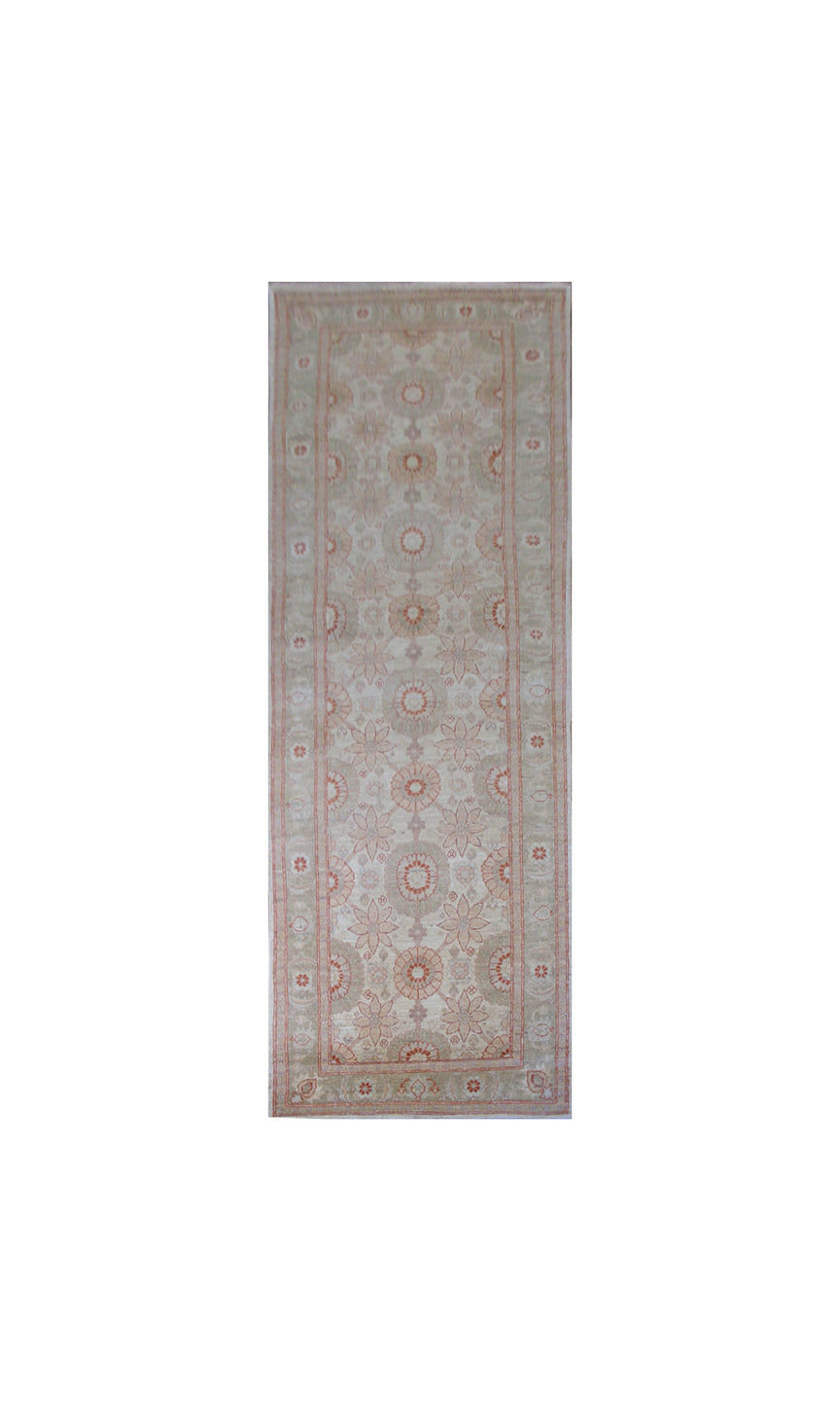 Overhead detailed view of a premium 9'3" x 2'11" Ariana traditional hand-knotted Persian Tabriz runner rug in warm camel, rich terra cotta, and soft water blue tones.