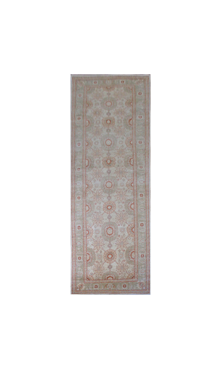 Overhead detailed view of a premium 9'3" x 2'11" Ariana traditional hand-knotted Persian Tabriz runner rug in warm camel, rich terra cotta, and soft water blue tones.