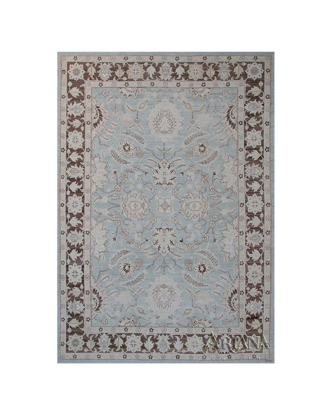 Authentic Ariana Traditional Collection 9x12 wool area rug featuring a classical Sultanabad design on a deep blue background field, hand-knotted in Afghanistan.