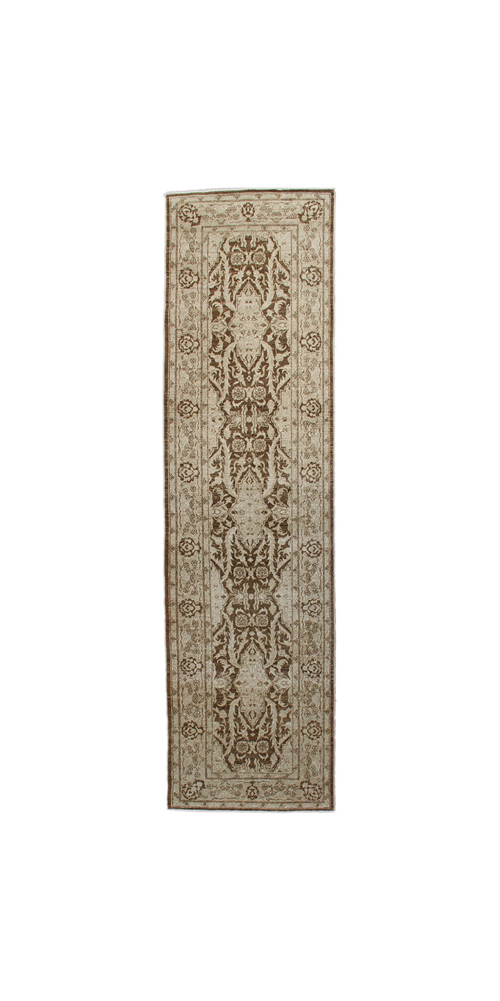 Fine hand-knotted Ariana traditional Tabriz design wool runner rug with classical floral palmettes in rich brown and soft ivory