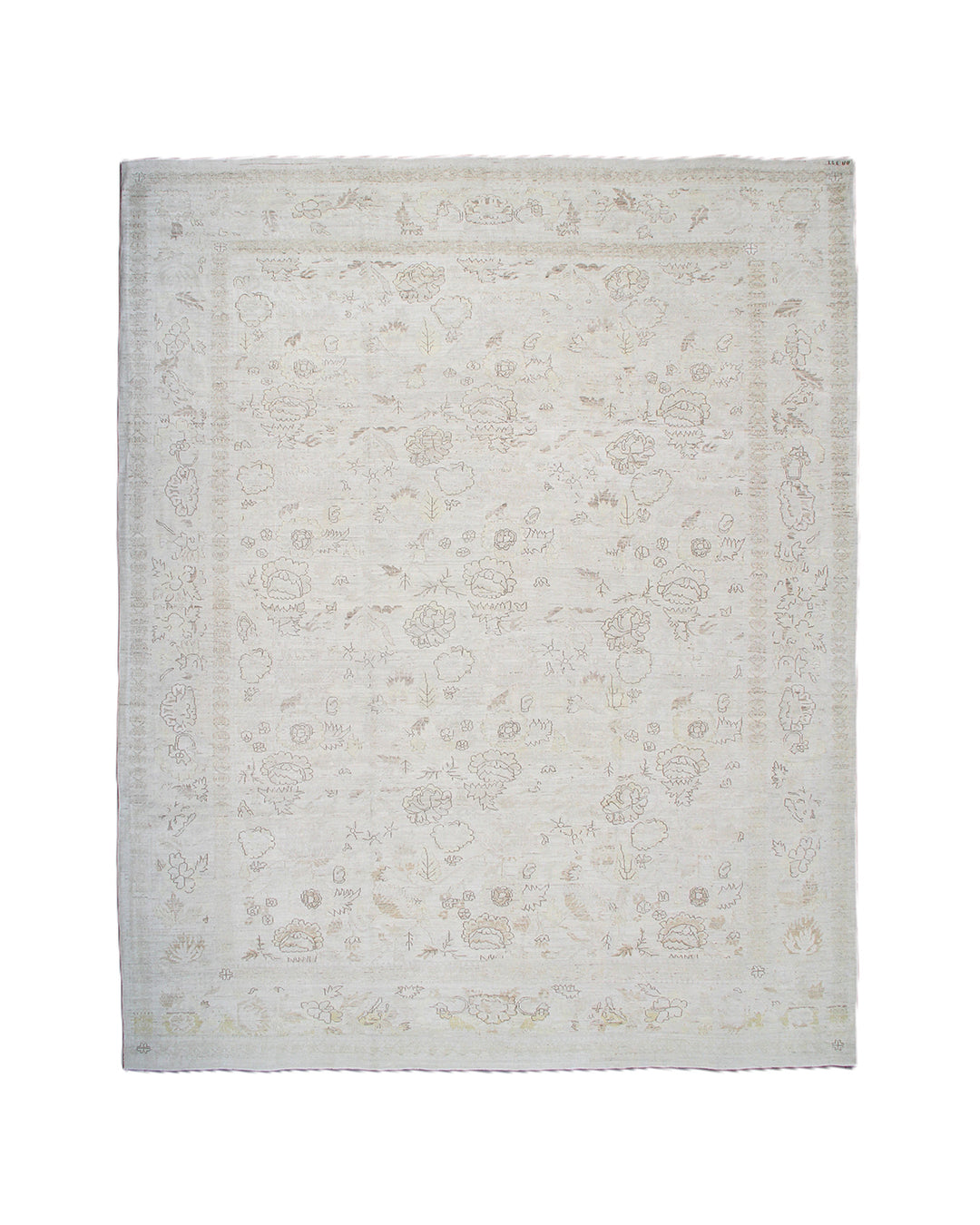 Ariana Transitional Collection 8'9"x11'5" hand-knotted organic wool Afghan rug in light cream and cafe brown with a vintage floral design.