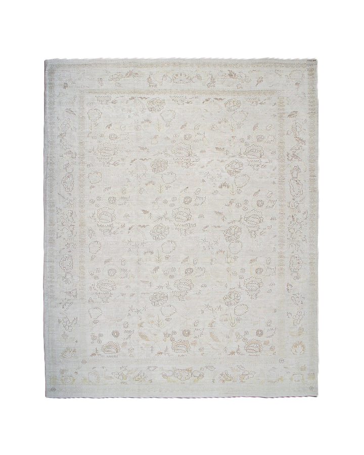 Ariana Transitional Collection 8'9"x11'5" hand-knotted organic wool Afghan rug in light cream and cafe brown with a vintage floral design.