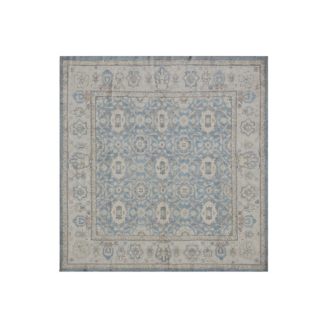 Authentic Ariana Collection 6x6 square wool area rug featuring a transitional geometric Agra design in a soft blue color palette, hand-knotted in Afghanistan.