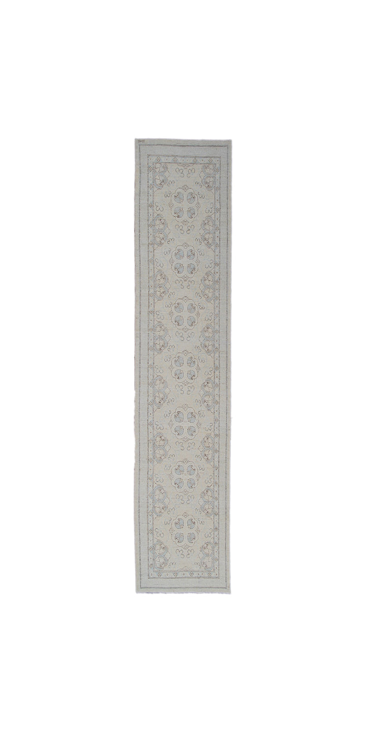 Fine hand-knotted Ariana transitional floral runner rug in soft blue and luminous ivory