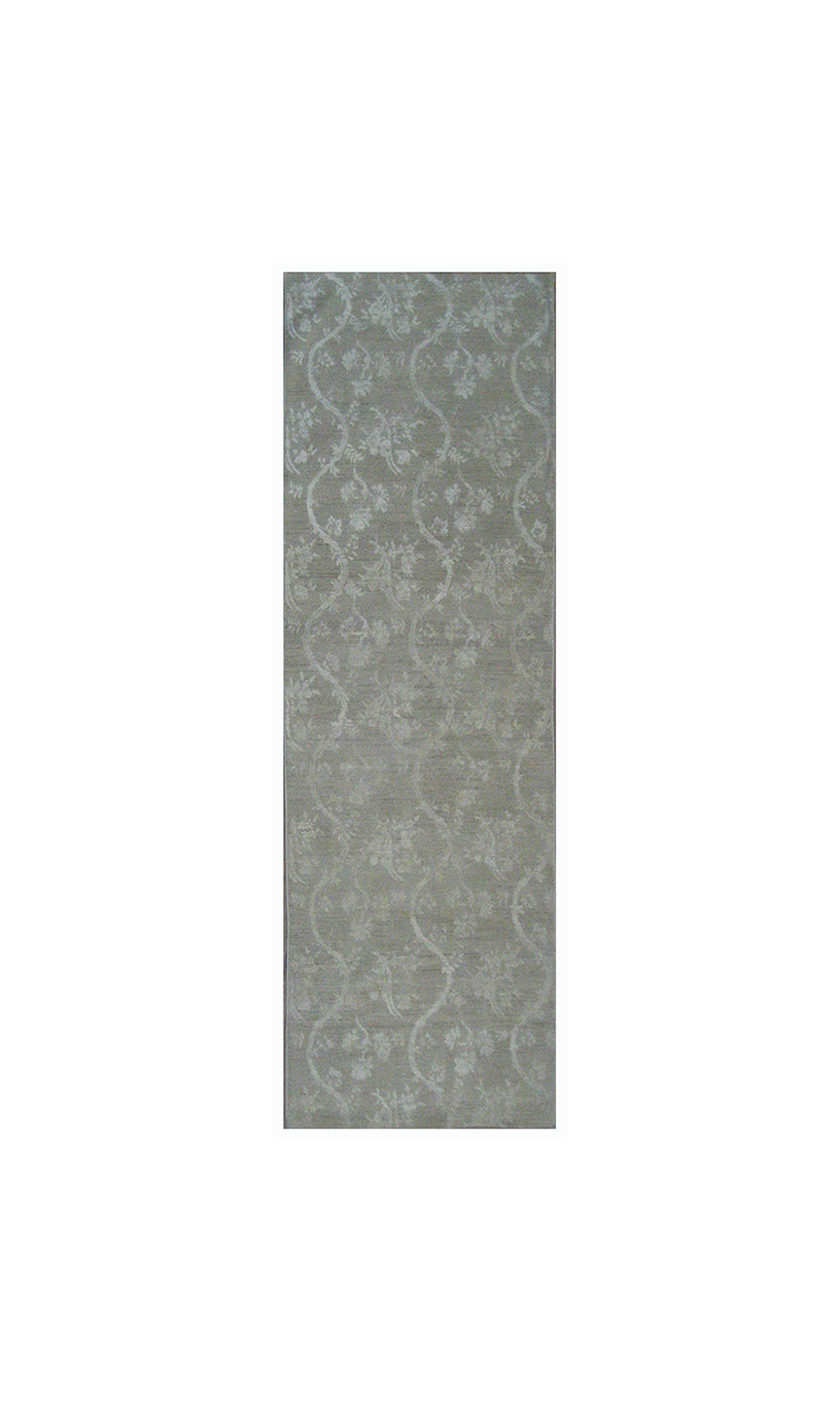 Over-the-shoulder view of an authentic 8'9" x 3'0" Ariana transitional hand-knotted runner rug featuring an intricate Chinoiserie design with luminous silk highlights.