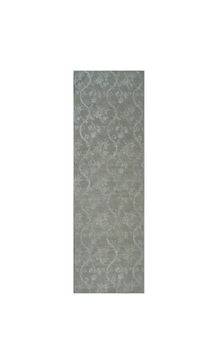 Over-the-shoulder view of an authentic 8'9" x 3'0" Ariana transitional hand-knotted runner rug featuring an intricate Chinoiserie design with luminous silk highlights.